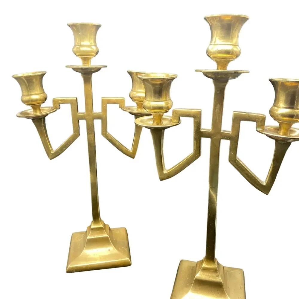 Vintage Brass Art‎ Deco Candelabra Pair Geometric Taper Candle Holders 12